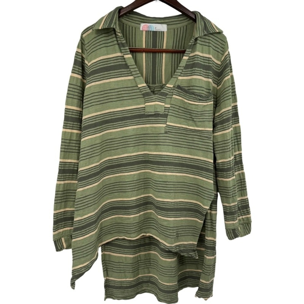 FREE PEOPLE BEACH Breaker Medium Top Green Striped V-Neck High Low Boho Vacation - Picture 2 of 16
